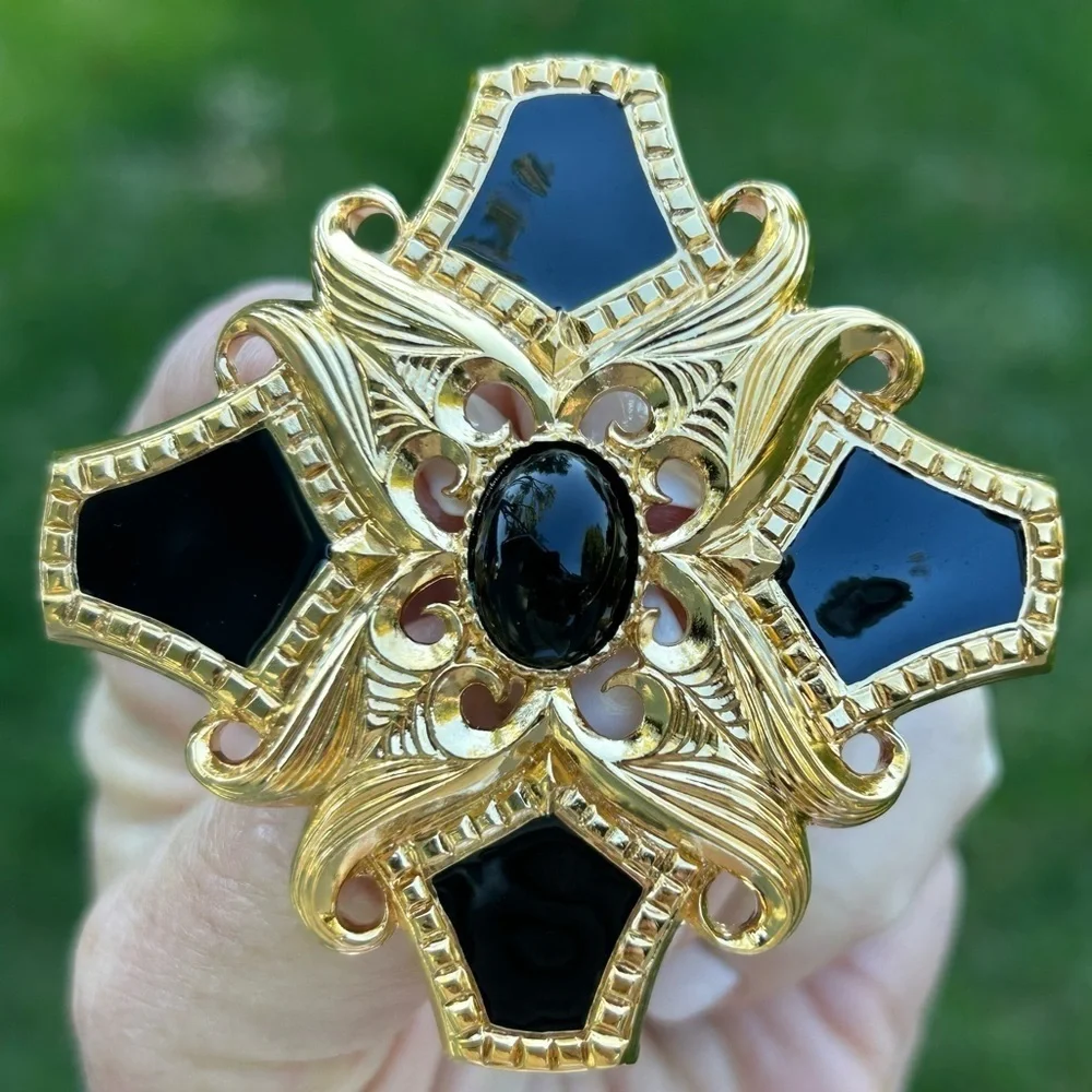 Vintage St John Maltese Cross Brooch Pendant 80's Black Enamel and Gold Signed